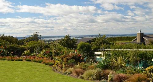 Creating soft curves, planting grasses and flaxes with tropical plants gives movement to this corner