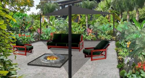 Sub tropical garden with sail cloth for added privacy