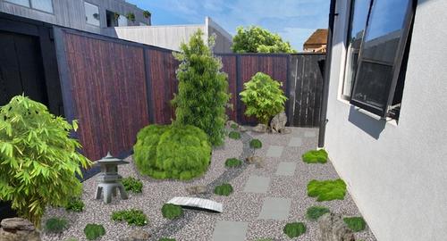Japanese Garden Low maintenance with small leafed plants not to close the area in