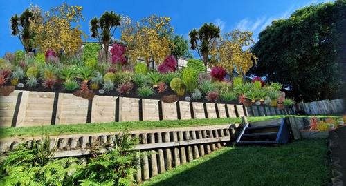Bank From a Distance Weed-mat, repeat planting with foliage color and textures.