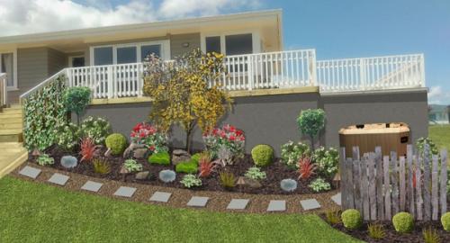 House boxed in creates storage & a cosy place to relax in the spa. Planting for fragrance, hardness, foliage texture and colour.