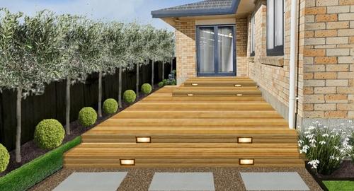 Entrance to House Decking & gardens create a modern welcome