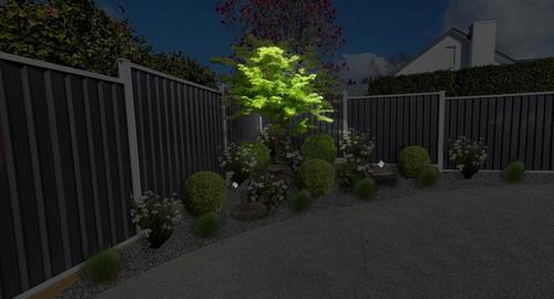 Corner Garden At night light up the tree to create a point of interest