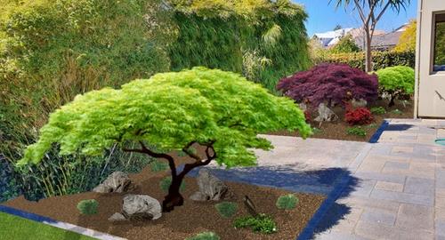 Japanese Garden Stones & rocks creates a clean base. Minimal repeat planting joins the gardens.