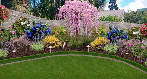 Create an English garden with a weeping cherry as the feature with a small Buxus hedge as an edging to the garden.