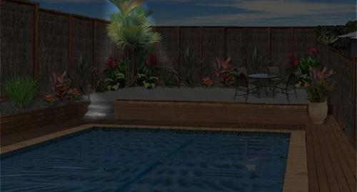 Pool Area Bringing the night time alive and now an entertainment area add simple lighting that highlights those feature plants and stairs for safety.