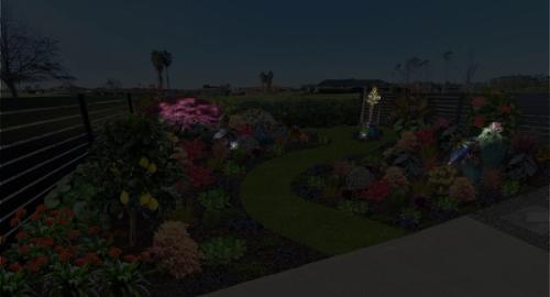 Courtyard with highlighted plants @ night.